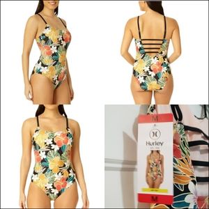 Hurley Womens M One Piece Swimsuit Tropical Floral Lined UPF 50 Padded Cup